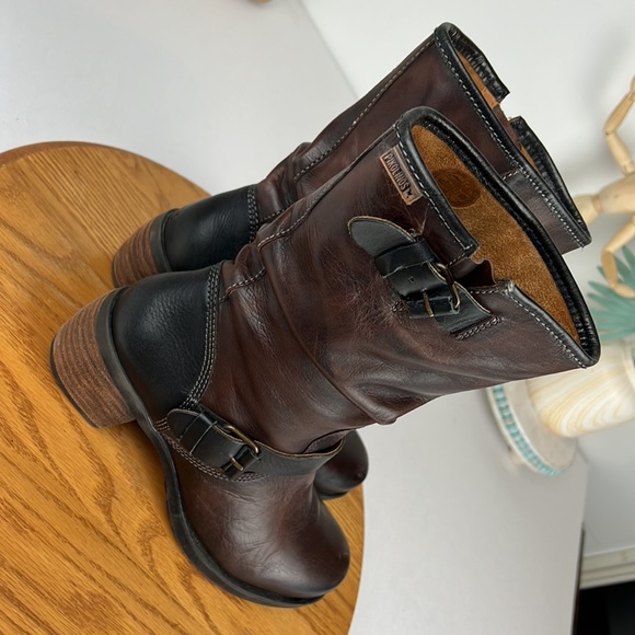 Pikolinos Brown Leather Moto Strap Heeled Boots Women’s Size 6 - Picture 2 of 13